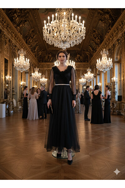 Robes Büyük Beden Siyah Tül Abiye Elbise Uzun Tesettür Söz Nişan Mezuniyet Elbisesi Fırfırlı Yaka-554