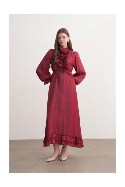 FUSHYA Gül Broşlu Fırfır Detaylı Abiye Elbise