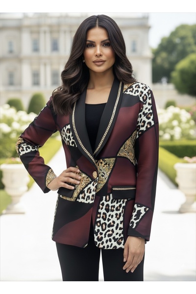 1Moda1Tarz Imported Fabric Leopard Print Gold Pattern Chain Detail Lined Special Design Stylish Jacket Pants Set