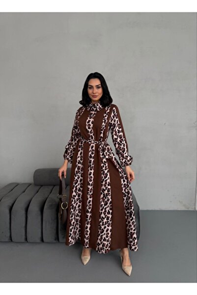 suphias Leopard Detailed Button Closure Atlas Fabric Dress (Sash Included)