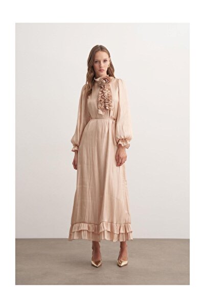 FUSHYA Gül Broşlu Fırfır Detaylı Abiye Elbise