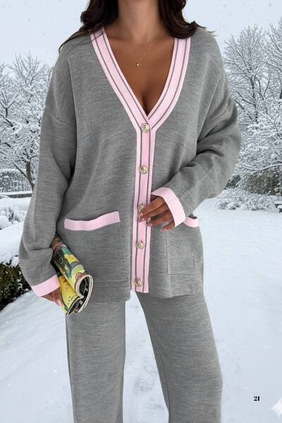 WOMAN VISION Women's Knitwear Double Set - Cardigan with 2 Front Metal Buttons and Wide Leg Pants Set Lap-002