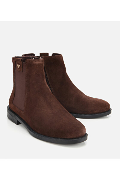 Hotiç Kadın Süet Deri Kahverengi Lastik Detaylı Bilekte Düz Bot