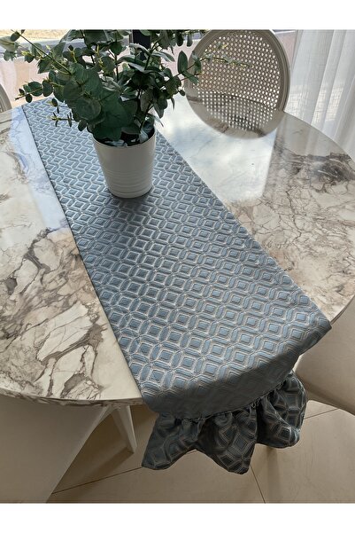 Hyatt Concept Brokar mavi kumaş kendinden fırfırlı günlük runner