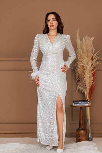 BEYBOS Βραδινό φόρεμα με παγιέτες Otriş - ΛΕΥΚΟ