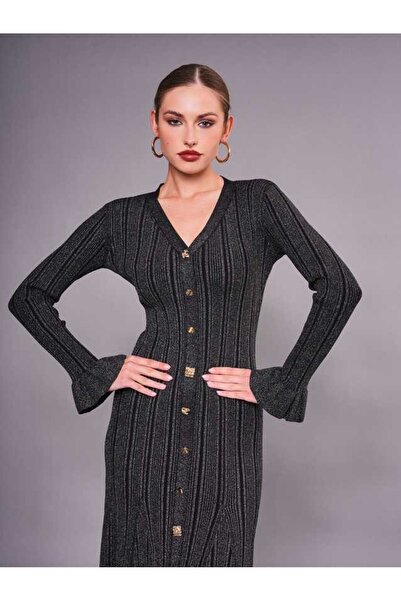 SERPİL Düğme Detaylı V Yaka Uzun Kollu Triko Maxi Kadın Elbise 51092