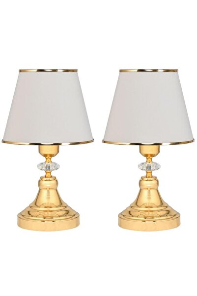 Art&Gift Art Deco Style Crystal Stone Decorated Metal Base and Gold Striped Cream Headboard 2-Piece Lampshade Set Two Pieces