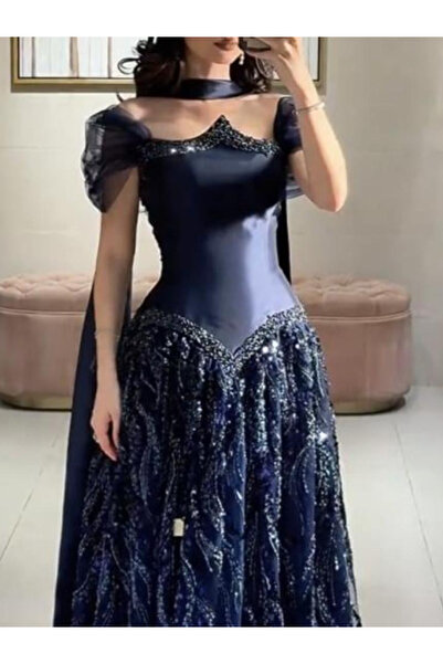 Danton A dark blue sequined evening dress with a high neck, off-the-shoulder ...