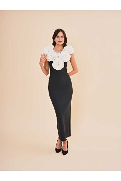 SERPİL 3D Çiçek Detaylı Uzun Abiye Elbise 51203