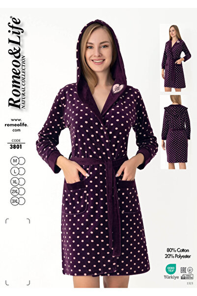 ROMEO LİFE Halat de baie pentru femei cu glugă cu textura moale din bumbac și catifea / violet-roz - 3801