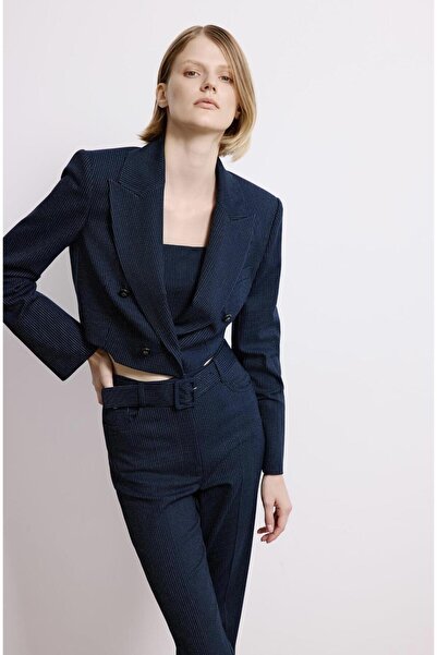 Valerin Antakya Kruvaze Çizgili Lacivert Crop Ceket