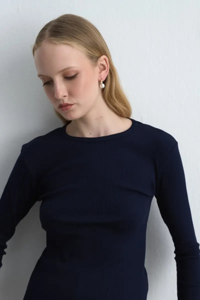 Gusto Long Sleeve Basic Cotton Tshirt - Navy Blue