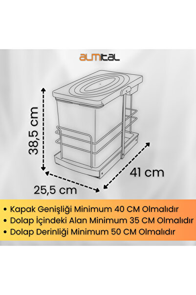 almital mobilya aksesuarları furniture accessories Cassone 16+1 Litre Dolap İçi Raylı Teleskopik Antrasit Çöp Kovası, Minimum Kapak Genişliği 40 cm