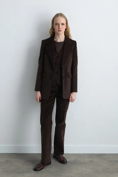 Gusto Anka Koleksiyonu Fitilli Kadife Blazer Ceket - Kahverengi