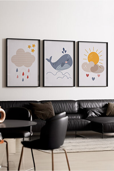 huhuli Tablou din lemn cu ramă neagră pentru camera copiilor, 3 piese Huhu152
