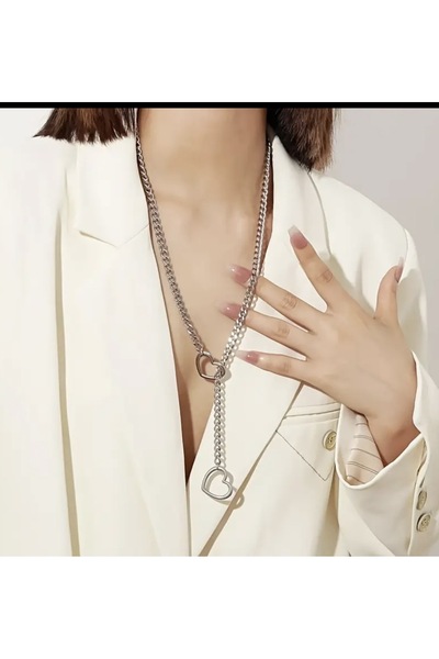 derokas Steel Heart Women's Silver Color Y Necklace