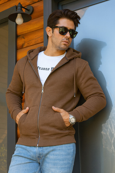 FRANCO RENZO Φούτερ με κουκούλα και φερμουάρ, 3 κλωστές, από βαμβακερό ύφασμα με ριμπ