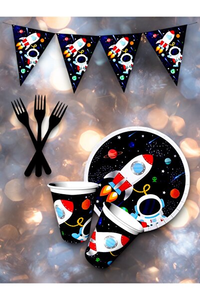partylady مجموعة أدوات تقديم الطعام ذات الطابع الفضائي لـ 8 أشخاص وشريط ملون