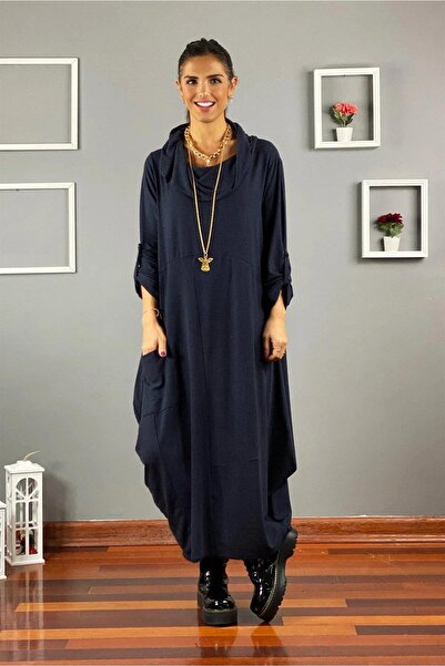 Nevin Kaya Moda فستان قطني بياقة سحرية باللون الأزرق الداكن