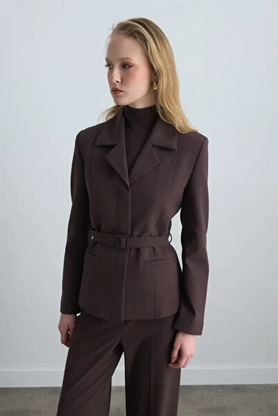 Gusto Beli Kemerli Blazer Ceket - Kahverengi