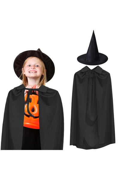 Twin Store 90 cm Black Collared Cape and Black Witch Hat Costume Set