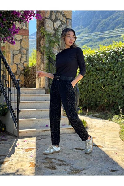 Punta Otantik NC242976 italyan Leopar Desen Deri Pantolon Siyah