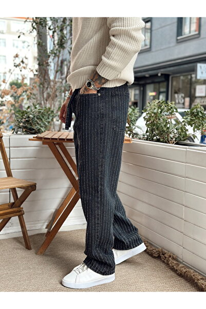 manch collection Beli İpli Kabartma Şeritli Regular Kot Pantolon Siyah
