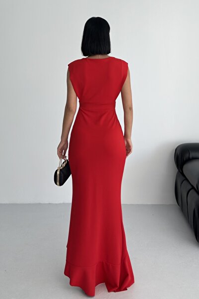 ALFUDO Moda Collection Kadın Kırmızı Scuba Dalgıç Kumaş Kruvaze Yaka Eteği Volanlı Abiye Mezuniyet Nikah Elbise
