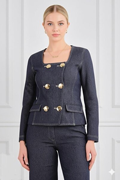 Valerin Antakya Düğme Detaylı Kare Yaka Denim Üst