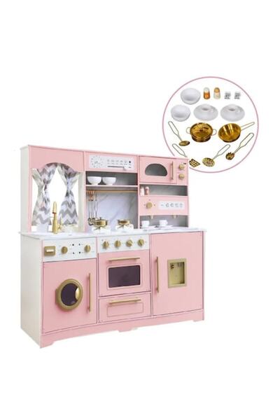 ideal STORE idealSTORE PinkWood Wooden Kitchen, 16 Accessories Included, Makes Specific Sounds, Equipped with Refrigerator