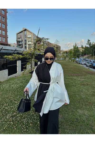 byalisdmr قميص كيمونو بتصميم قصة فضفاضة برباط رفيع - أبيض وأسود