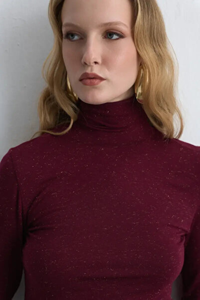 Gusto Turtleneck Cashmere Glitter Blouse - Burgundy