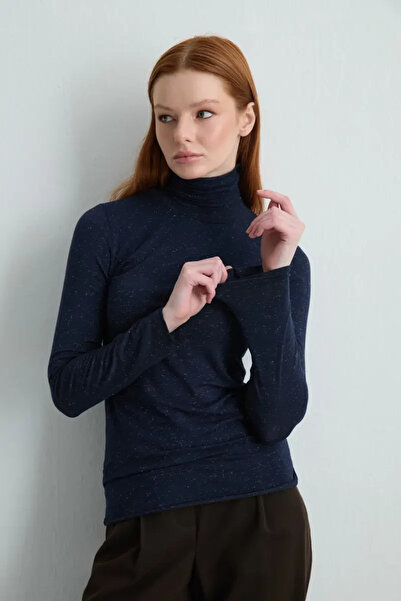 Gusto Turtleneck Cashmere Glitter Blouse - Navy Blue
