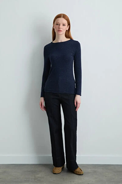 Gusto Boat Neck Cashmere Glitter Blouse - Navy Blue