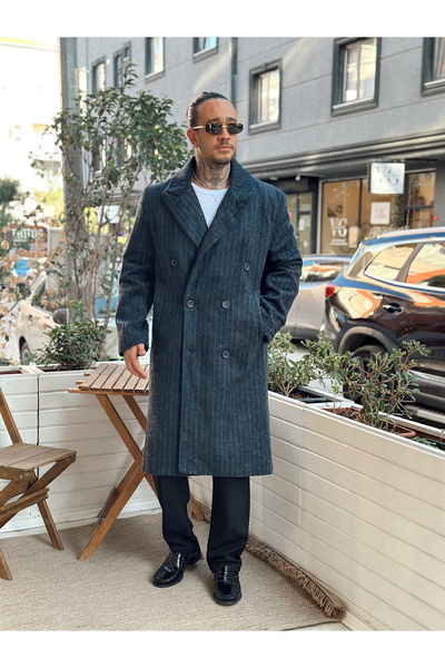 manch collection Ριγέ παλτό oversized Navy Blue