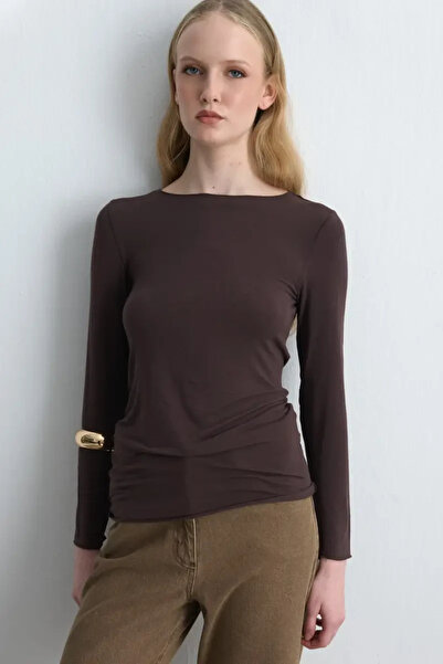 Gusto Kayık Yaka Kaşmir Bluz - Kahverengi