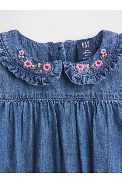 GAP Bebek Koyu Mavi Denim Volan Yaka Balon Bodysuit