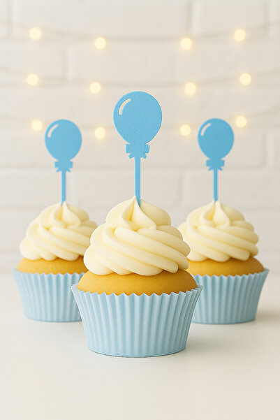 Atolye Doruk 20Pcs Blue Balloon Cupcake Picks- Baby Boy Birthday Cake Decoration Supplies, Cake Picks