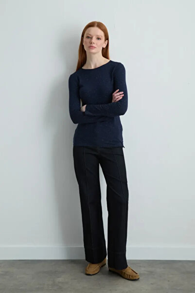 Gusto Boat Neck Cashmere Glitter Blouse - Navy Blue