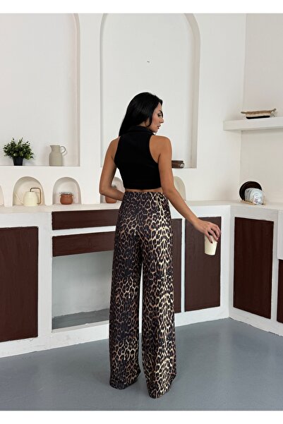 NOA LİNE Women's Side Zipper Leopard Pattern Soft Textured Wide Leg Pants