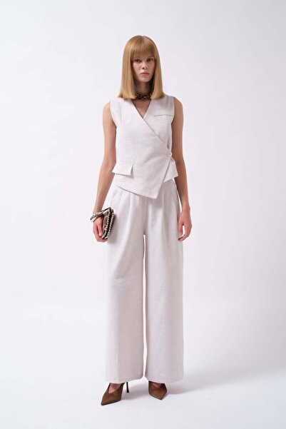 Maxi modena Side Button Asymmetrical Linen Beige Vest - m