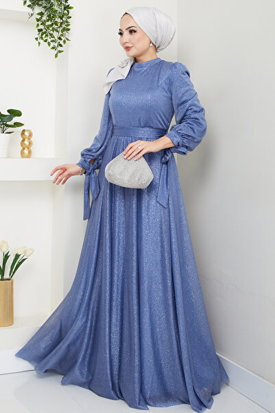 Feiza Collection Simli Tesettür Abiye Elbise İndigo
