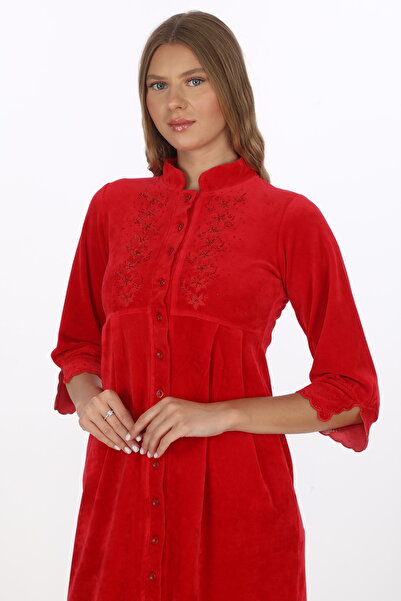 STELLETO Kadın Taş Nakış Yaka Detaylı Slim Fit Kalıp Boydan Düğmeli Şık Genç Pamuklu Kadife Ev Elbisesi