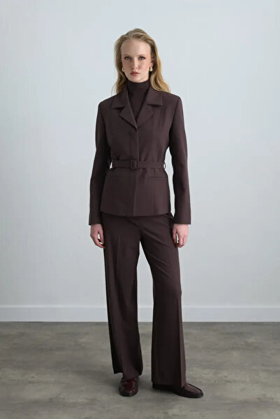 Gusto Beli Kemerli Blazer Ceket - Kahverengi