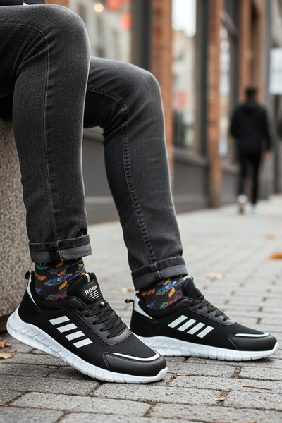 King Street Black and White Men's Sneaker Sports Shoes Casual White Side Stripe Detail