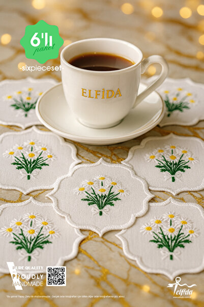 ELFİDA Decorative Cocktail Coffee Side Serving Napkin Embroidered Napkin Tea Plate Placemat Daisy Bunch 6 Pieces