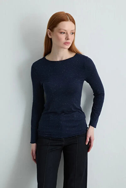 Gusto Boat Neck Cashmere Glitter Blouse - Navy Blue