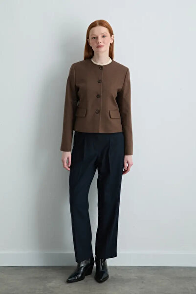 Gusto Collarless Woolen Jacket - Brown