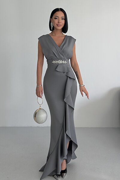 ALFUDO Moda Collection Women's Gray Scuba Diver Fabric Double Breasted Neckline Skirt Flounce Evening Dress Graduation Wedding Dress