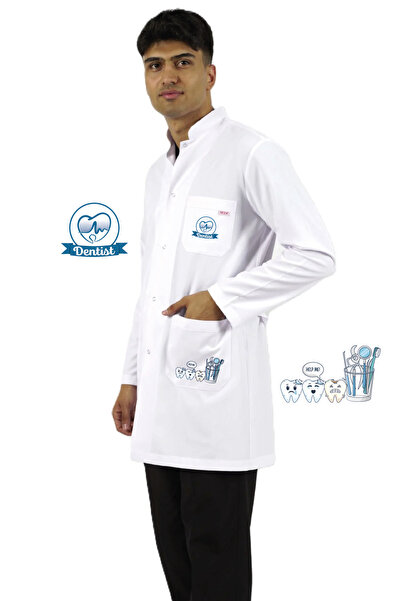 YnkStore Diş Hekimi önlüğü alpaka 1. kalite beyaz baskılı erkek diş doktoru ö...